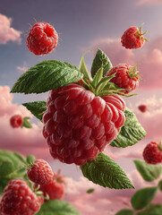Vibrant Red Raspberry Cluster Floating In A Dreamy Pink Sky With Green Leaves