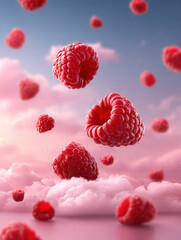 Romantic Raspberry Clouds: Juicy Red Berries Floating Through a Dreamy Pink Sky