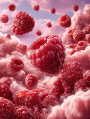 Floating Raspberry Clusters in Dreamlike Pink Sky: Abstract Macro Food Imagery for Stock