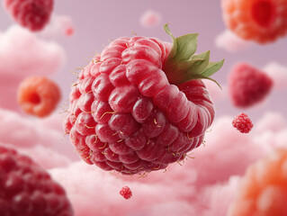 Floating Raspberry Dream: Bright Pink Berry in Soft Cloudscape For Food, Fantasy, And Beauty