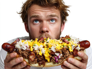 Man Eagerly Savors A Hearty Loaded Hot Dog With Cheese, Bacon, And Toppings