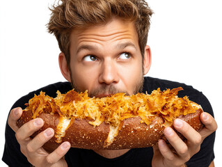 Man Holding Large Sandwich With Crispy Cheese Topping