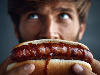 Hungry Man Enjoying A Juicy Hotdog Close-Up For Food, Snack, And Street Food Photos