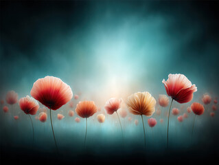 Dreamy Poppy Field in Soft Light With Delicate Blooms and Bokeh Background