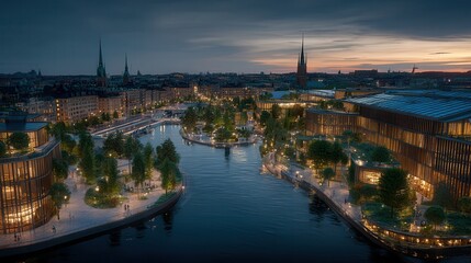 Obraz premium Evening View of a Vibrant Cityscape With River, Buildings, and Lights