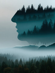 Silhouette Of A Human Profile Overlaid With Forest Landscape In Misty Blue Tone