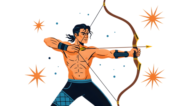 Archer aiming bow and arrow with starbursts isolated on transparent background