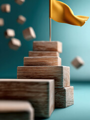 Stepping Stone To Success: Wooden Block Tower With Yellow Flag Signaling Milestone Achievement
