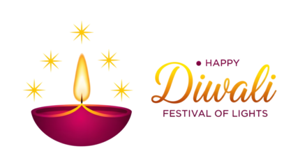 Happy diwali festival of lights diya and stars isolated on transparent background