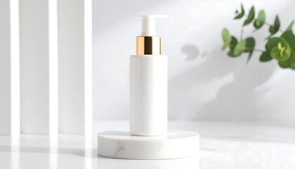 White cosmetic bottle on marble pedestal