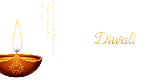 Diwali diya lamp with golden text isolated on transparent background