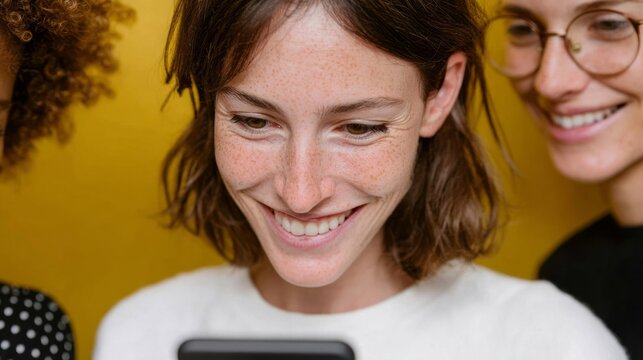 Smiling women captivated by screen's glow, cozy camaraderie, Digital Detox Day, tech-celebrating, female friendship in vibrant harmony