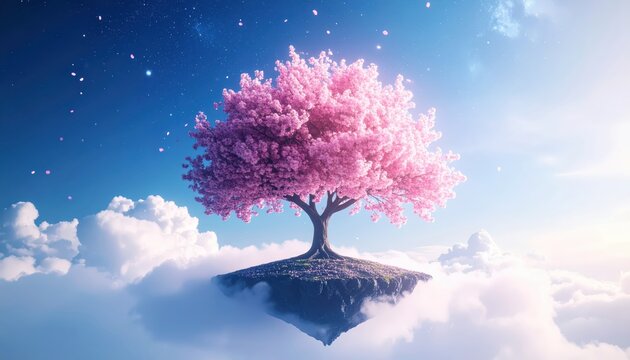 A dreamy and surreal illustration showcasing a vibrant pink cherry blossom tree floating on a small island above fluffy white clouds with a brilliant blue sky, creating a whimsical and tranquil...