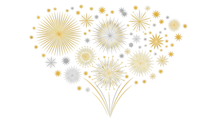Explosion of gold and silver fireworks isolated on transparent background