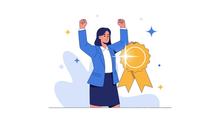 Obraz premium Successful Businesswoman Celebrating Achievement and Holding a Prize with Confidence and Joy