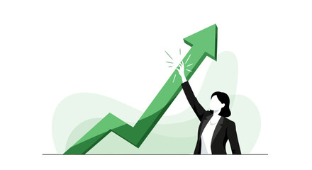 Successful businesswoman celebrating business growth and financial success in a visualized graph