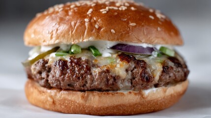 Succulent sesame-crusted burger with molten cheese, embodying a whimsical homage to National Hamburger Day and comfort food artistry