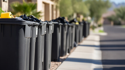 Lined-up refuse receptacles on a suburb sidewalk.  Waste management and collection are core functions of a modern community.