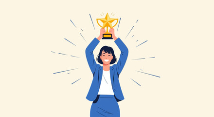 Successful businesswoman celebrating her achievement by holding a trophy illustration.