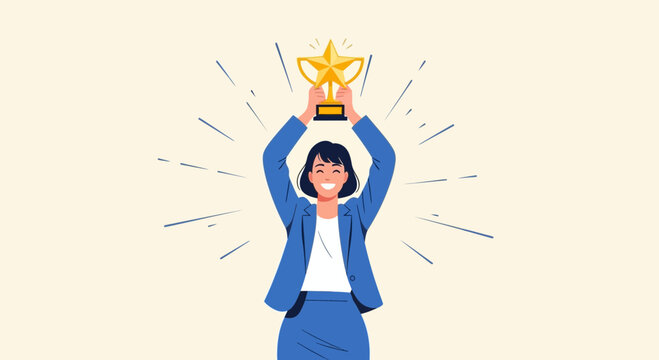 Successful businesswoman celebrating her achievement by holding a trophy illustration.