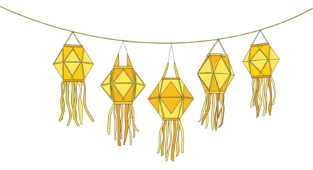 Yellow paper lanterns hanging on a string isolated on transparent background