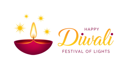 Happy diwali festival of lights with a lit diya isolated on transparent background