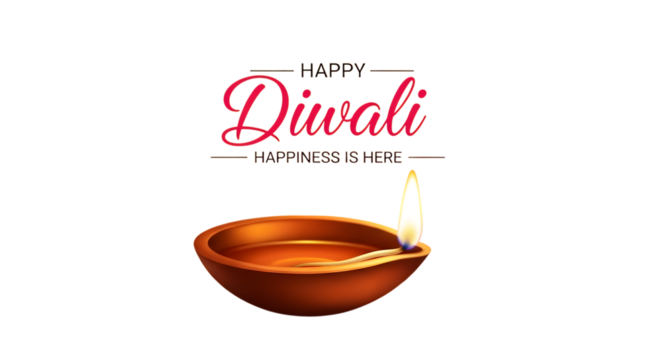 Happy diwali text with a lit diya isolated on transparent background