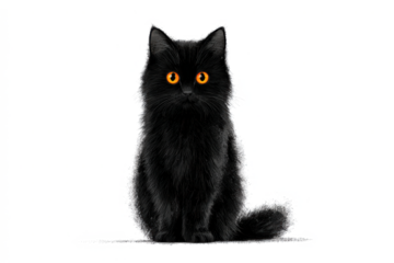 Fluffy black cat with bright orange eyes a cute animal illustration isolated on white background