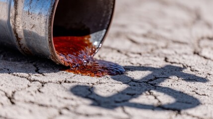Spilled rusty liquid on parched earth, evoking environmental plight, climate symbolism, Earth Day reflection, industrial poetry