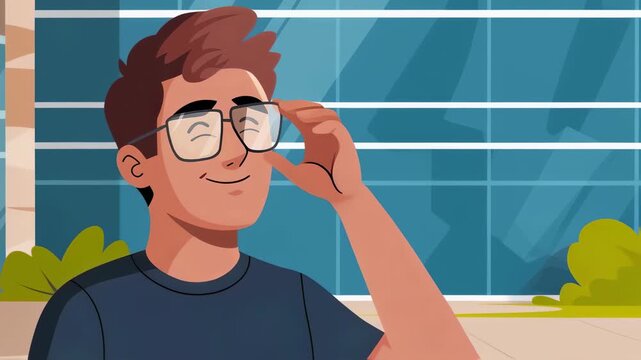 A man with glasses standing in front of an eye exam building. Vision checkup and ophthalmology concept footage.