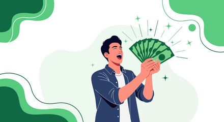 Successful Person Celebrating Financial Triumph Holding Cash And Cheerful Expression