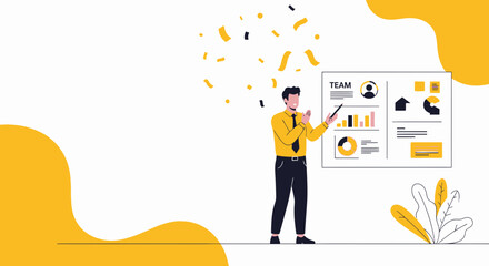 Successful Presentation: A Businessman Explaining Company Data and Celebrating Victory