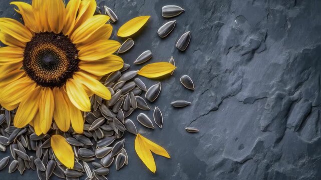 Sunflowers with scattered sunflower seeds and petals arranged on a stone surface, natural agricultural product display footage.