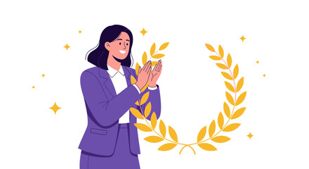Successful Professional Celebrates Achievement with Laurel Wreath and Applause