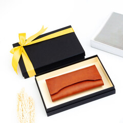 Beautiful tan leather wallet for women in a black gift box
