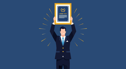 Successful Professional Holding a Decorative Certificate of Achievement High Above His Head