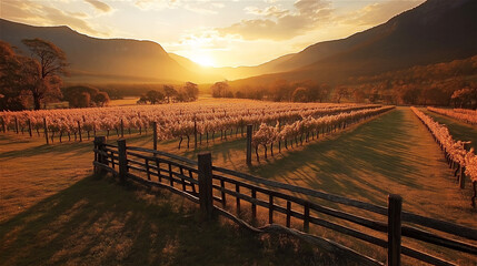 Obraz premium Wooden fence winding through golden valley in sunset light, conveying rural peace and nature's serenity. Inviting scene with long copy space on left side.