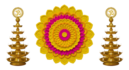 Traditional indian brass oil lamps and floral decoration isolated on transparent background