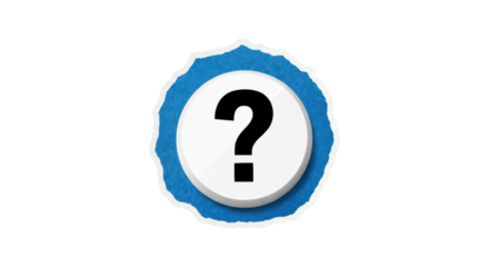 A black question mark symbol on white base layered over a torn blue textured paper shape, sticker aesthetic, cartoon scrapbook style, isolated element, soft light shadow