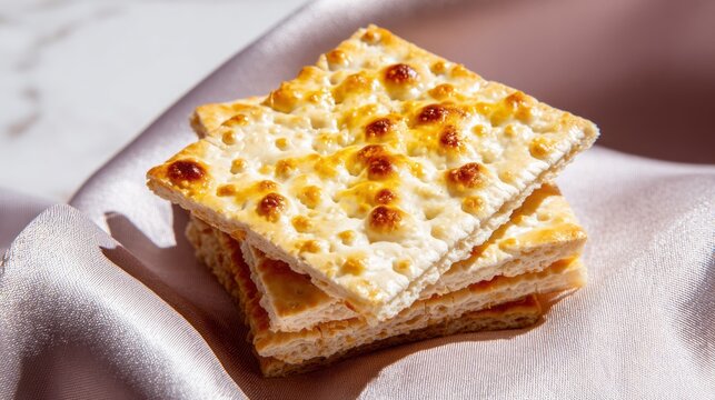 Golden crisp matzo crackers stack elegantly atop shimmering satin, evoking Passover traditions and minimalist culinary elegance - Powered by Adobe