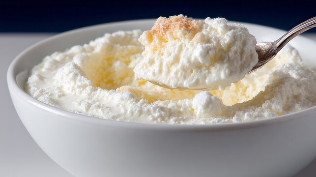 Creamy cloud of decadent ricotta, spooned delight, indulgence for Imbolc celebrations, culinary exploration under winter starlight