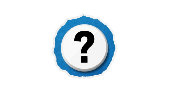 A black question mark symbol on white base layered over a torn blue textured paper shape, sticker aesthetic, cartoon scrapbook style, isolated element, soft light shadow