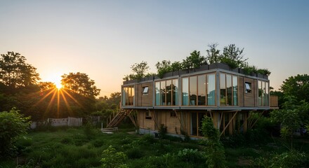 Modern Wooden House with Large Windows on Elevated Foundation at Sunset