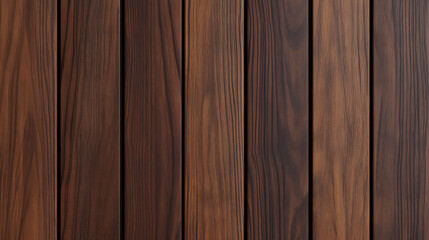 Fototapeta premium Dark brown wood planks arranged vertically show the natural grain and texture of the lumber. The wood is smooth and the image is uniformly lit.