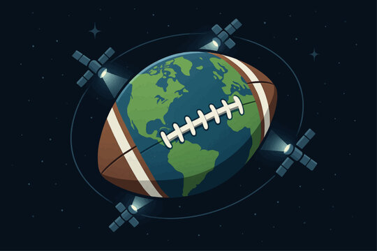 Planet Earth shaped as football surrounded by satellites &mdash; global celebration concept Super Bowl LIX 2025