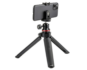 A black smartphone mounted on a small tripod with a black and red ball head on a white background on transparent background