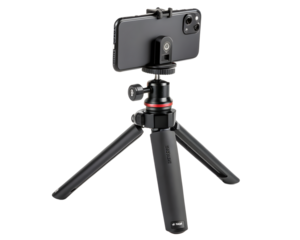 A black smartphone mounted on a small tripod with a black and red ball head on a white background on transparent background