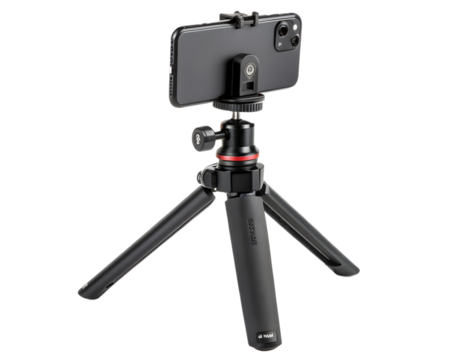 A black smartphone mounted on a small tripod with a black and red ball head on a white background on transparent background