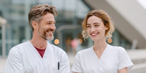 Obraz premium Two smiling healthcare professionals, a doctor and a nurse, standing together. Male and female medical colleagues in scrubs outside a modern hospital. Teamwork and collaboration concept