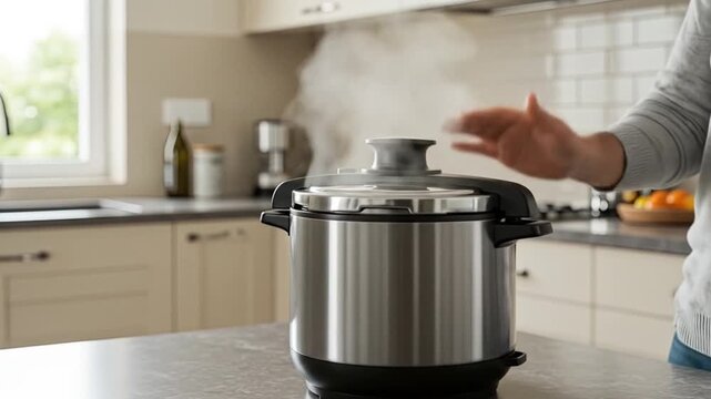 Electric pressure cooker with steam on kitchen countertop indoor
